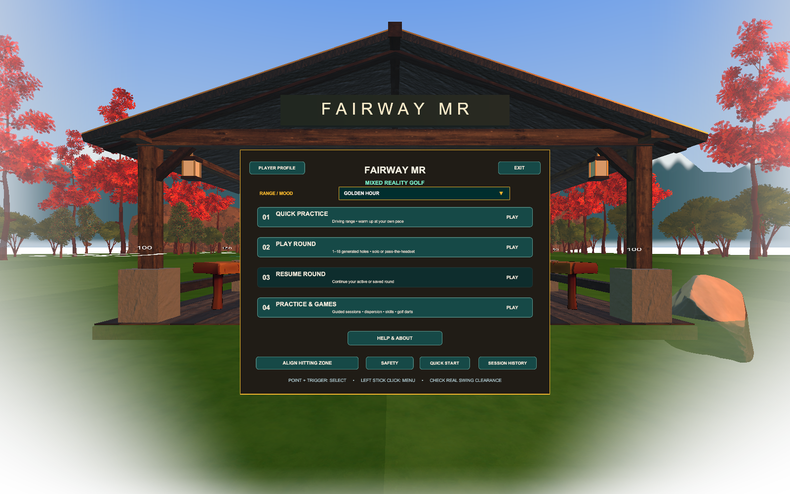 Actual Fairway MR clubhouse with textured timber beams, slate roof, stone piers and natural green turf